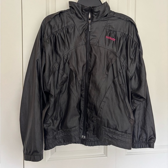 Vintage Adidas Windbreaker Bomber Jacket 80s Black Pink Six S Zipper Puffy Retro - Picture 1 of 13